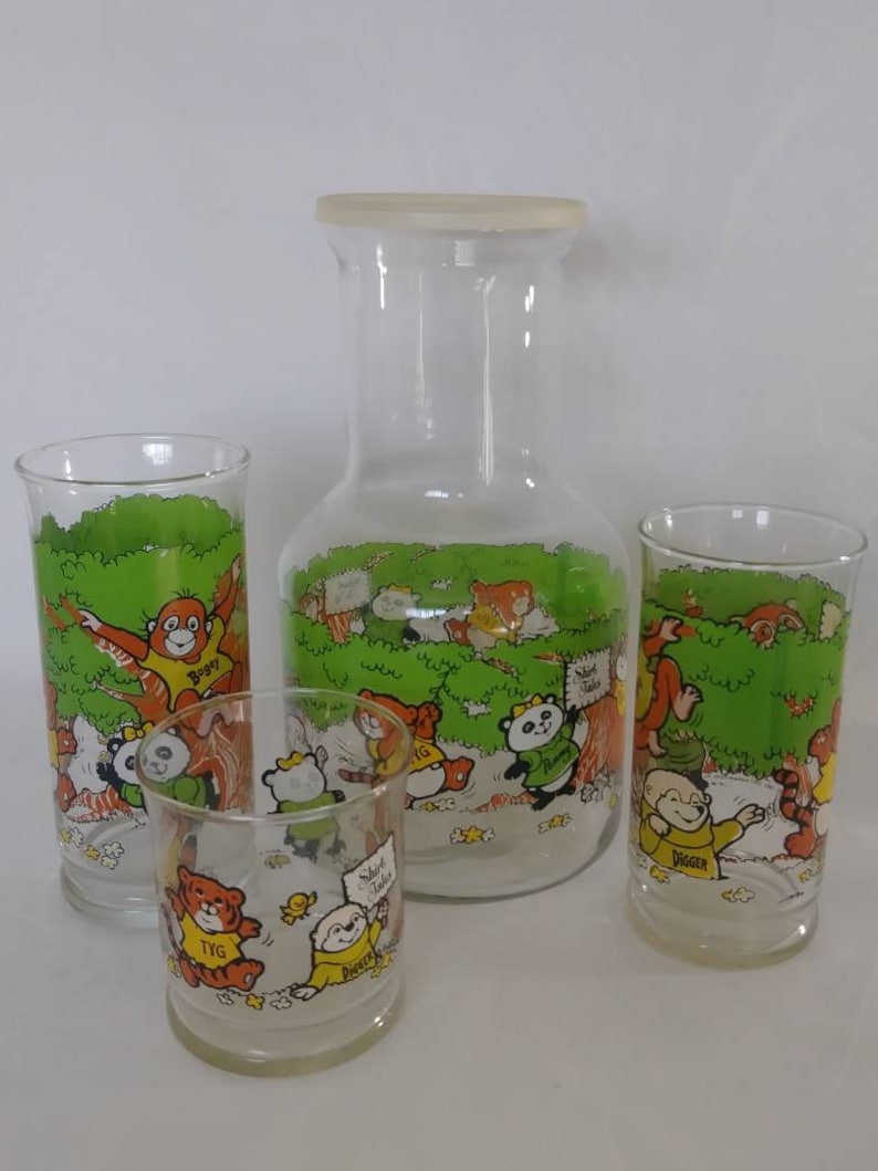 Vtg Shirt Tales Juice Pitcher w lid and Glasses Set of 4 1980s Hallmark Carafes n cover 2 tall Glasses n 1 small Cartoon Show Characters