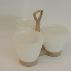 Vintage Gold Tupperware Condiment Caddy w/ Lids 3 Section Removable Cups (3)