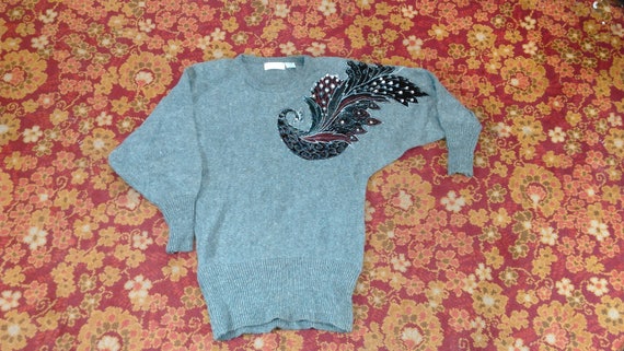 Vintage 80's Grey Peacock Sweater Sequence & Embr… - image 1