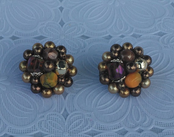 Vintage Clip On Beaded Earrings Brown & Gold Colo… - image 3