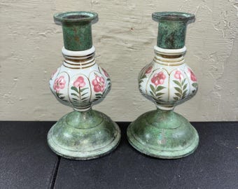 2 Vtg Porcelain & Metal Candle Holder Hand Painted Floral Green Oxidized