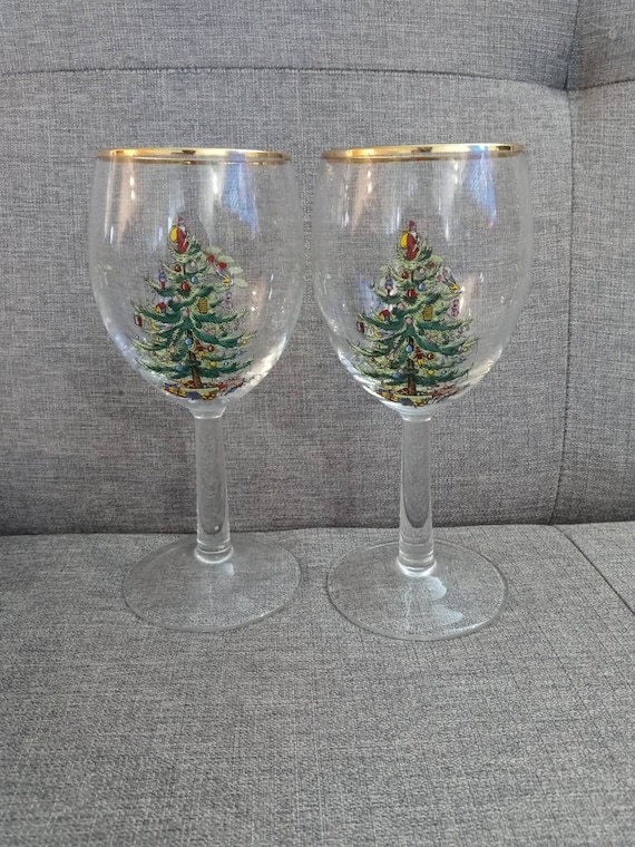 Vintage Spode Christmas Tree Wine Water Glasses Set of 2 Gold 