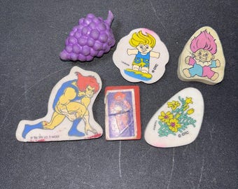 Assorted Lot of 6 Vtg Erasers Trolls, Thundercats, Grapes
