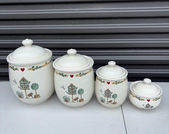 Thomson Pottery Birdhouse Canister Set Of Three & Sugar Bowl All With Lids
