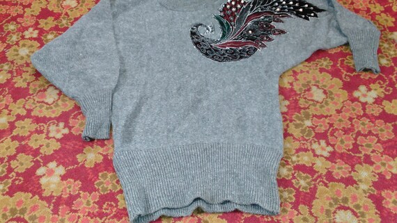 Vintage 80's Grey Peacock Sweater Sequence & Embr… - image 5