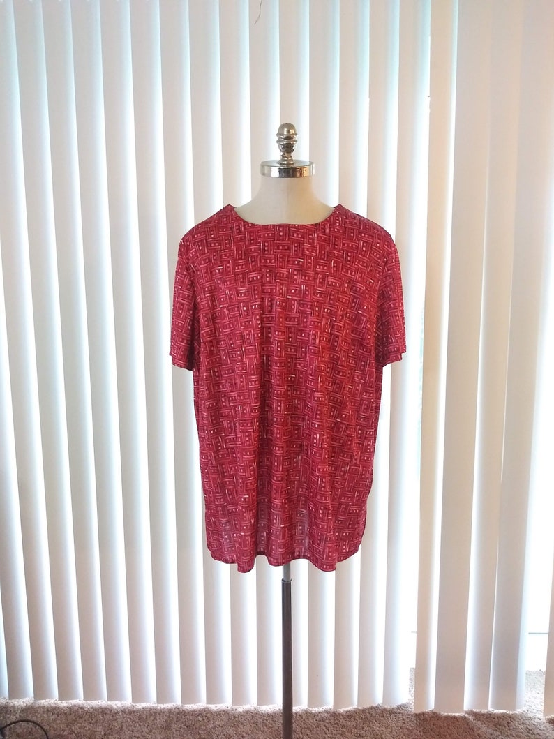 vc2 80s Vintage Stretchy Red /& Black Blouse Plus Size 2X Short Sleeves Block Pattern New