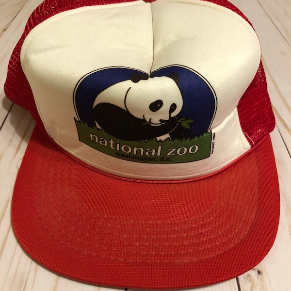 Vintage National Zoo Panda Snapback Trucker Hat Washington DC Red and White