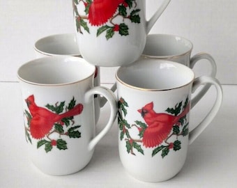 Vtg Christmas Cardinals By Lefton 5 Mugs/ Cups Holly Berries Japan