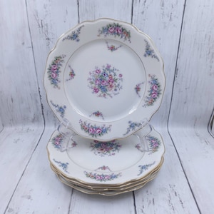 Vtg Annette Salad/ Dessert Plates By Haas-Czjzek Coronado Set of 4 Floral Border and Center Pinks Blue Yellow