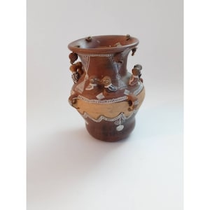 Vintage Southwestern Pottery Vase Birds Beads Hand Painted (shelf)