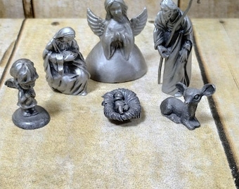 Pewter Miniature Nativity Set 7 Pc Jesus Joseph Mary Angels Deer