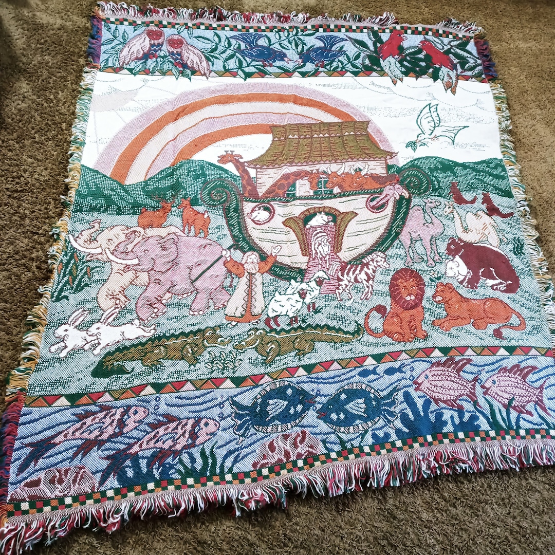 Noah's Ark Afghan Goodwin Weavers Throw Blanket Elephants Etsy