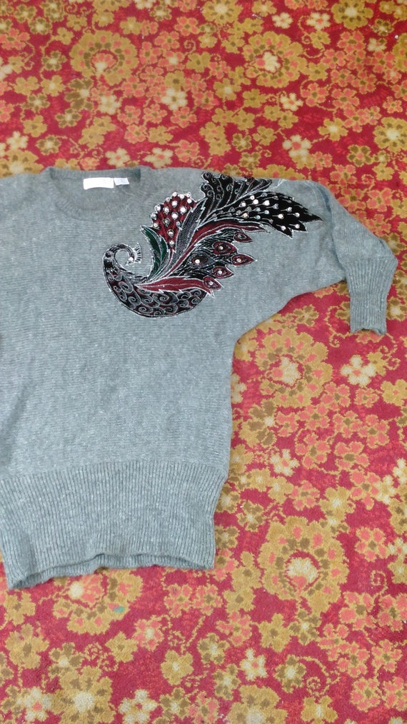 Vintage 80's Grey Peacock Sweater Sequence & Embr… - image 3