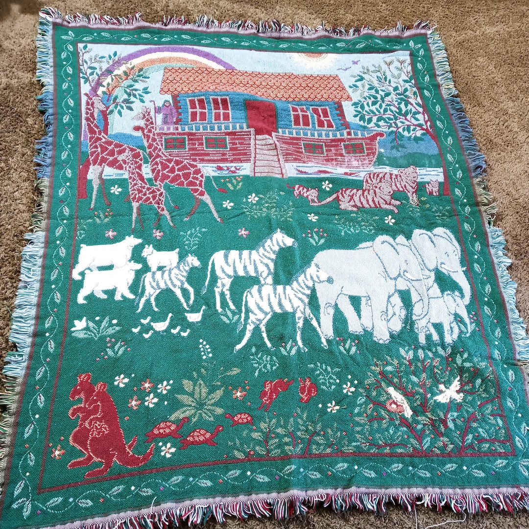 Noah's Ark Afghan Goodwin Weavers Throw Blanket Elephants Etsy