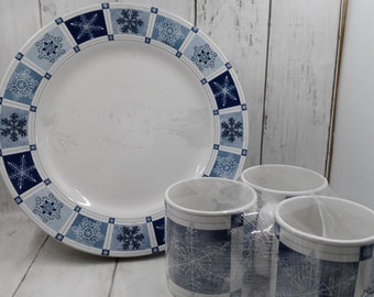 Vintage Winter Frost Dinnerware Set by Sakura Dinner Plates & Mugs Blue and White Snowflake on Rim