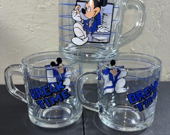 3 Walt Disney Clear Glass Mickey Mouse Break Time Cup Anchor Hocking 3" Vintage