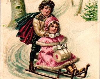 Antique German Boy & Girl on Sled Woods Pines Sledding Christmas Embossed Postcard (2@3)