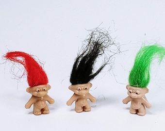 Vtg DAM Troll Mini Dolls Red Green Blue Hair and Black Eyes 1.5" Pencil Toppers