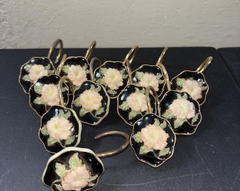 12 Black & Peach Rose Shower Curtain Rings Flower Bathroom Floral Hooks (j)