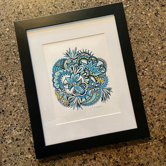 Cerulean Swirls • Hand coloured original doodle artwork - 11x14”