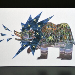 Urso que ruge, cartão postal ilustrado A6, impressão digital em aquarela, raiva do urso, mini impressão de paisagem surreal