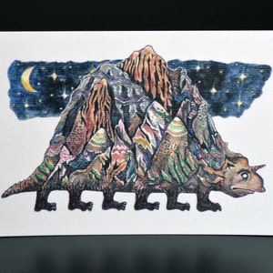Mountain character with horn, A6 illustrated postcard, watercolor illustration, funny moody creature, fantastic beast, digital print