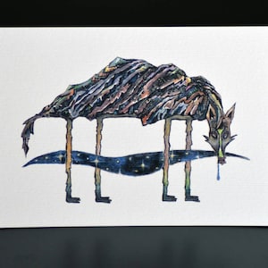 Personaje de lobo de montaña, postal ilustrada A6, ilustración de acuarela impresión cielo estrellado