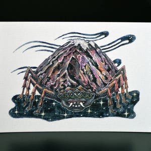 Spider berg karakter, A6 ansichtkaart afdrukken, aquarel en inkt illustratie, misti de vulcano jagen mijn dromen