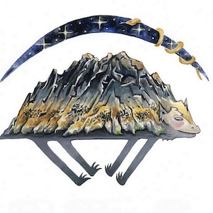 Jumping mountain character, A4 digital print, signed art collectible, watercolor and ink illustration, fantastic beast