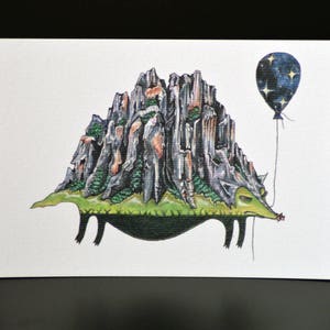 Happy bloated mountain character, A6 illustrated postcard, watercolor and ink digital print, fantastic creature funny moody gift