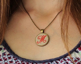 Cursive initial necklace Embroidery personalized gift Monogram pendant Letter cute jewelry Custom embroidery initial Italics letter necklace