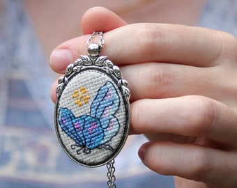 Embroidered Butterfly Pendant: Cross Stitch Linen Necklace