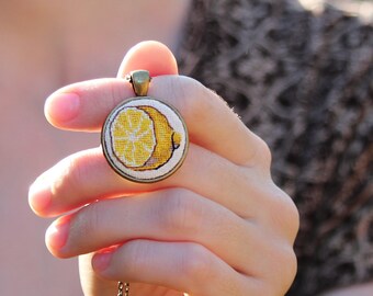 Lemon Embroidery Pendant: Handmade Fruit Jewelry, Exotic Wedding Necklace