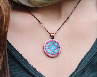 Colorful Ukrainian pendant Cross stitch necklace Embroidered jewelry Ornament multicolour jewelry Folk lover gift Hand embroidery pendant