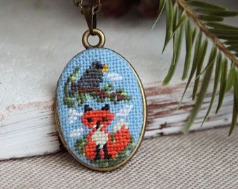 Woodland fox necklace Crow pendant Hipster animal jewelry Mini embroidery jewelry Fox gift for her Nature fox necklace Gift for fox lover