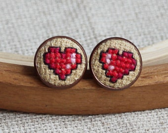 Pixel heart stud earrings Embroidery earrings Small gift for couple Textile earrings Cross stitch jewelry Gift for best friend geeky gamer