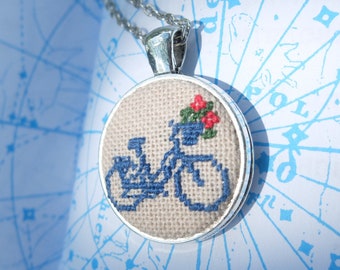 Embroidered Bicycle Pendant: Blue Bike with Flowers, Petit Point Necklace