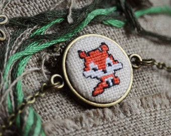 Red Fox Embroidered Bracelet: Petit Point Animal Jewelry