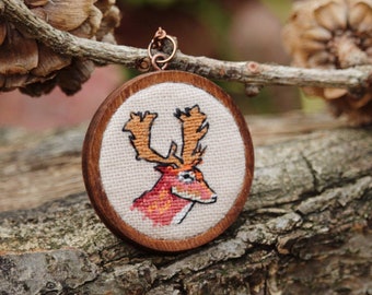 Embroidered Deer Pendant Necklace: Petit Point Woodland Jewelry