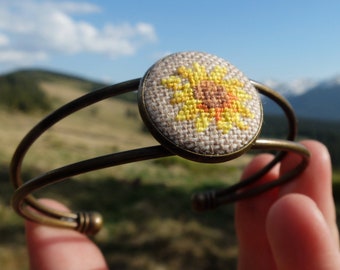 Embroidered Sunflower Bracelet: Boho Cuff Jewelry, Bronze Tone