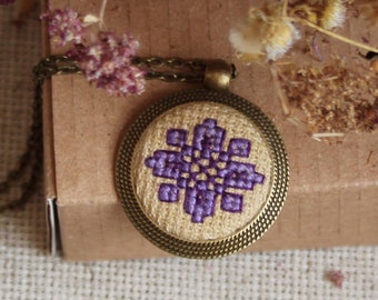 Hand Embroidered Purple Flower Pendant Necklace: Rustic Bohemian Jewelry