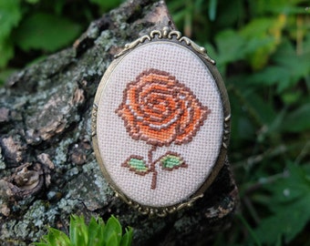 Hand Embroidered Orange Rose Brooch: Petit Point Floral Jewelry