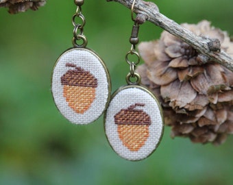 Embroidered acorn earrings Oak jewelry Acorn gift for daughter Orange jewelry Embroidery earrings Gift for acorn lover Botanical earrings