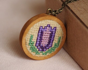 Embroidered Bellflower Necklace: Cross Stitch Violet Flower, Wood Pendant