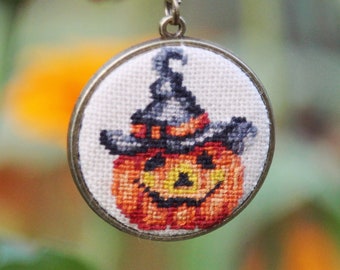 Embroidered Halloween Pumpkin Necklace, Witch Hat Gourd Pendant
