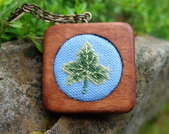 Embroidered Ivy Leaf Necklace: Wooden Pendant, Botanical Jewelry