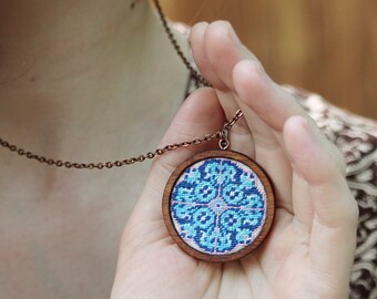 Mandala pendant Embroidery jewelry Yoga necklace Oriental gift Mandala jewelry Wooden embroidered pendant Large ethnic necklace Meditation