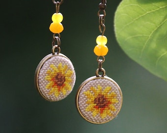 Embroidered Sunflower Earrings: Boho Floral Textile Jewelry