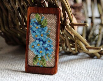 Forget-Me-Not Necklace, Hand Embroidered Floral Pendant, Cotton Anniversary Gift