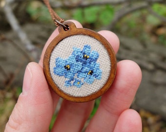 Forget-Me-Not Necklace: Hand Embroidered Wildflower Wooden Pendant